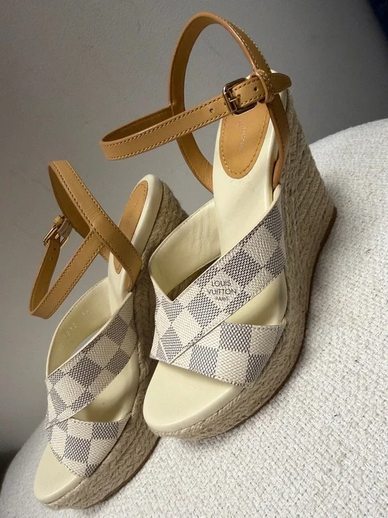 Louis Vuitton Beige Check Canvas Wedge Sandals with Tan Ankle Strap - Picture 4 of 4